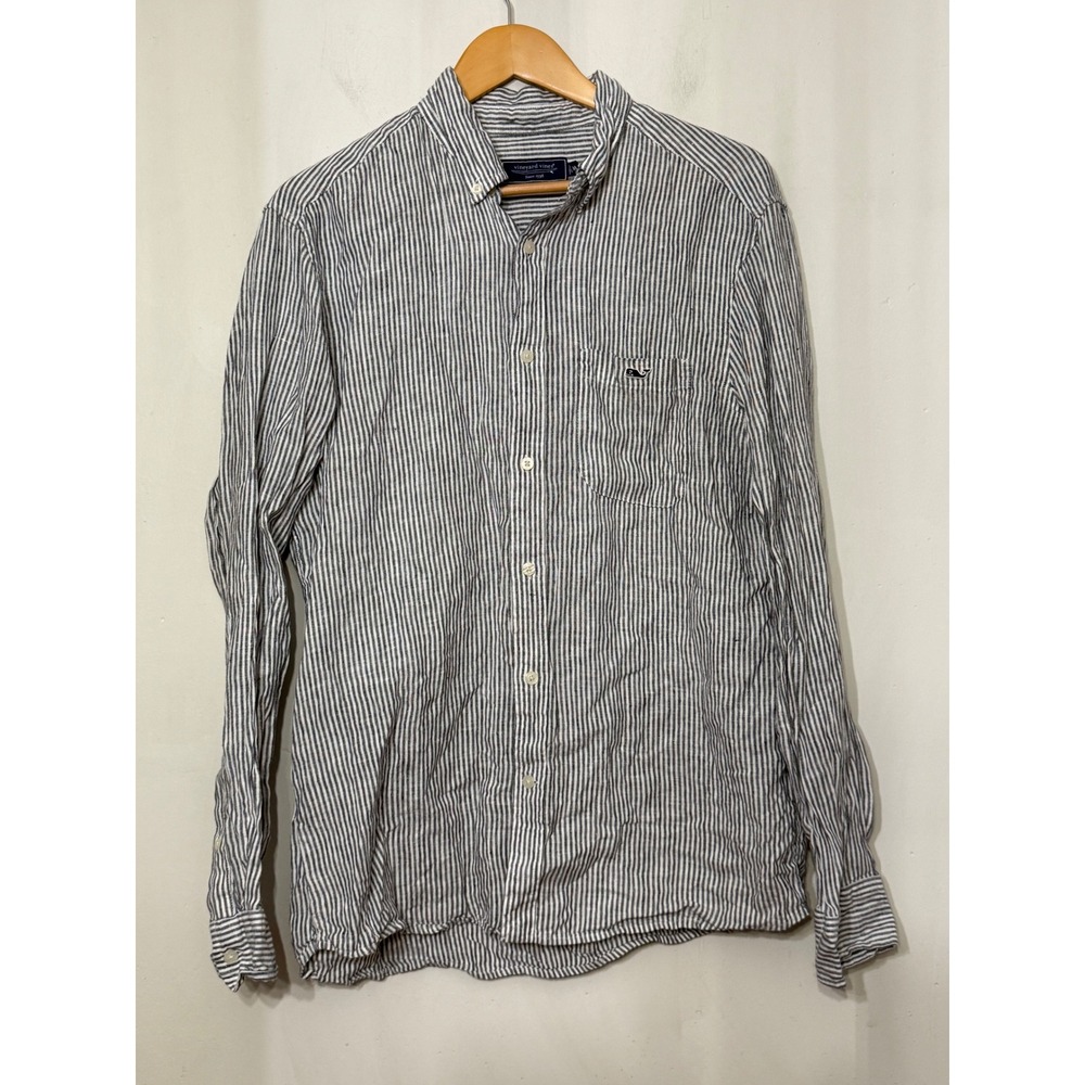 Vineyard Vines Mens Linen Striped Button Down Shirt Blue White Medium Coastal